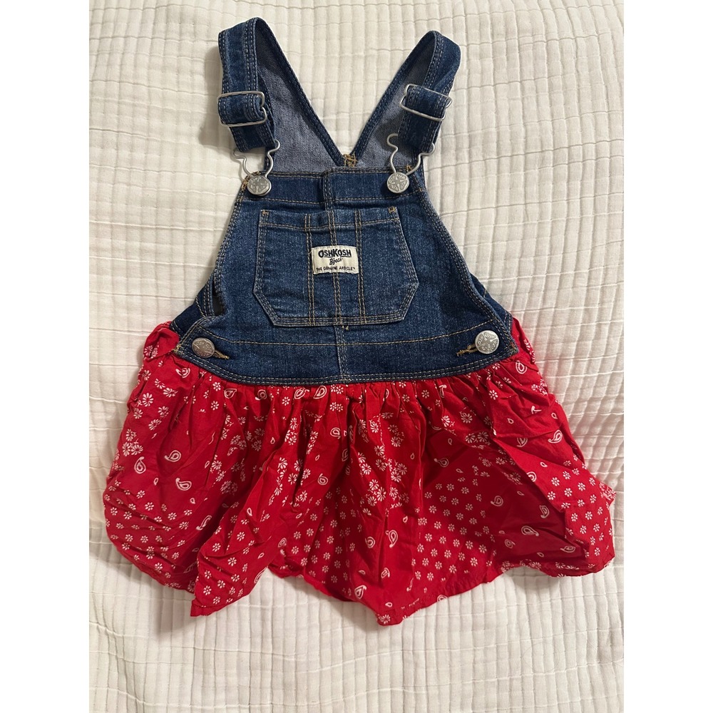 OshKosh Bgosh Girls 2T Denim Bandana Paisley Print Overall Jumper Dress Red